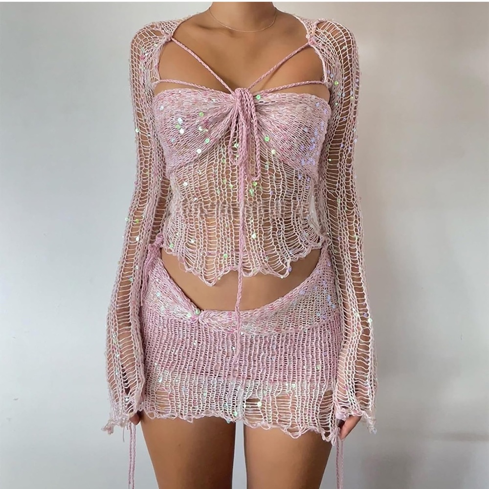 Sexy Two Piece Outfit Women Long Sleeve Twist Sequin Crop Tops Knit Mini Skirts